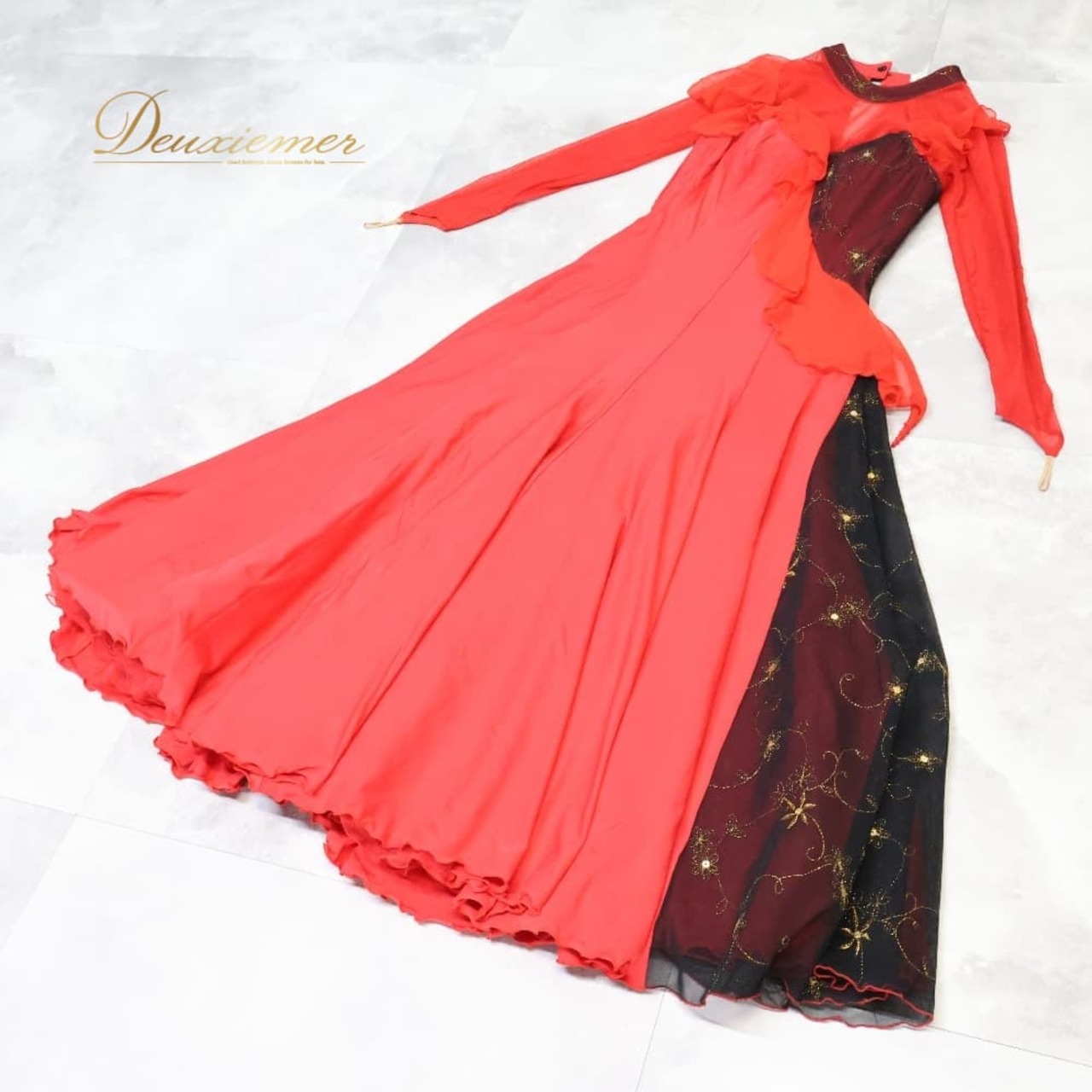 社交ダンス 衣装 ワンピース ドレス ブラック系 レッド系 赤 黒 インザムード in the MOOD 日本製 レース 発表会 パーティ 衣装用 デザイン おしゃれ 華やか ダンス衣装 コスチューム