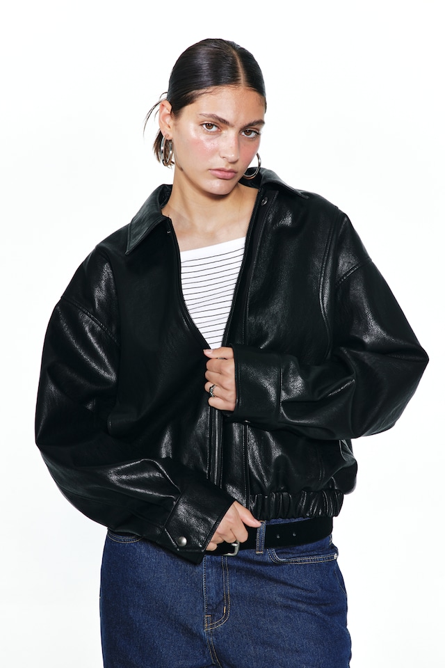 ◆DEINET◆ ECOLEATHER BOMBER BANDED JUMPER FOR MEN IN BLACK ☆【DEINET】ECO-LEATHER BOMBER BANDED JUMPER FOR MEN IN
