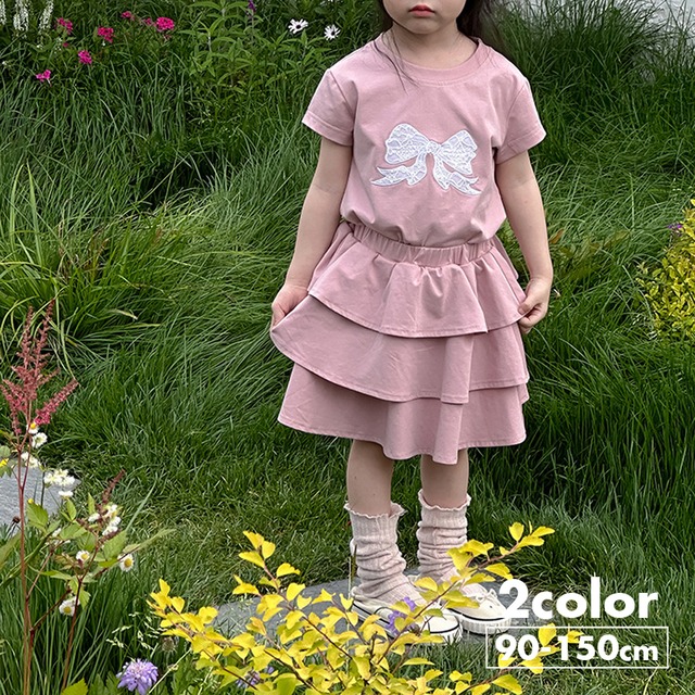 《取寄》 レースリボンとフリルスカートのセットアップ （全２色） Bobi 2024夏 韓国子供服 上下セット アンダー付きスカート りぼん ティアードスカート 女の子
