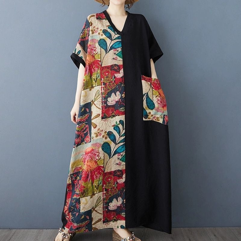 ASYMMETRIC DESIGN V-NECK HALF SLEEVES PULLOVER MAXI DRESS 1color M-13523