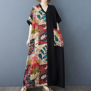 ASYMMETRIC DESIGN V-NECK HALF SLEEVES PULLOVER MAXI DRESS 1color M-13523