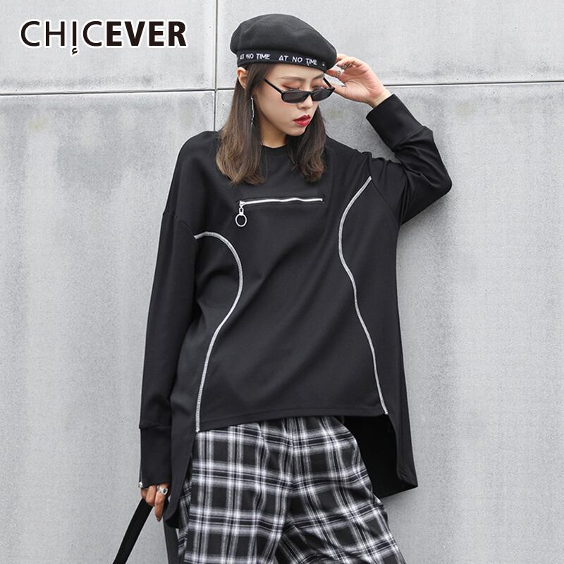 CHICEVERパッチワークジッパーTシャツレディースOネック長袖ヒットカラーオーバーサイズルーズニットTシャツ2020 ロング 6base553123181651