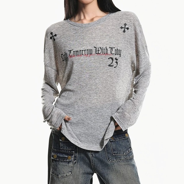 シアーライククロスグラフィックロングスリーブTシャツ 3col   R02549