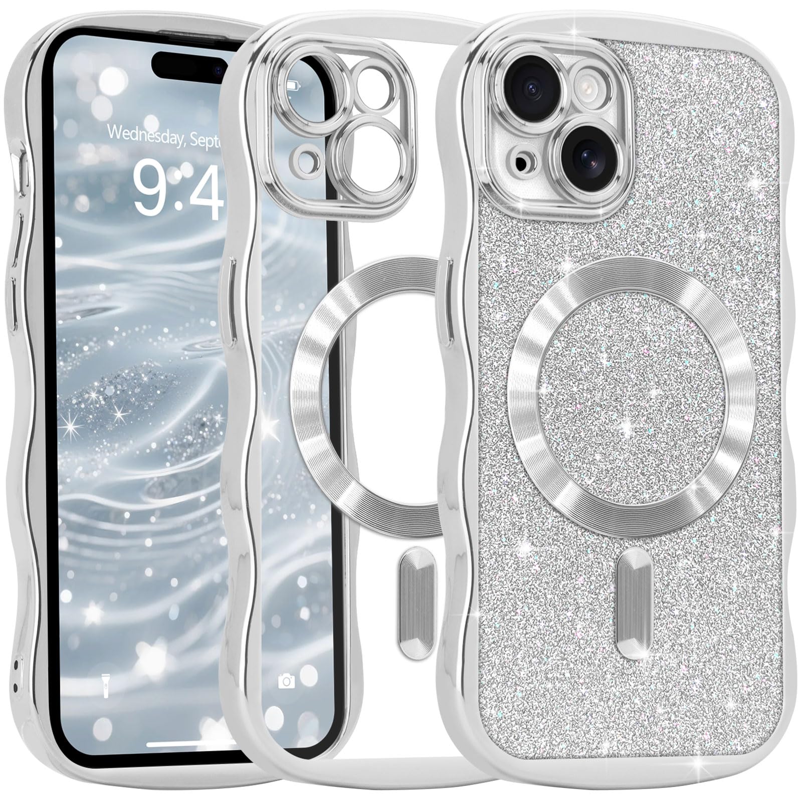 Pepmune iPhone 14/iPhone 13 用 ケース MagSafe対応 ウェーブ クリア 可愛い 着脱式キラキラカード(シルバー)