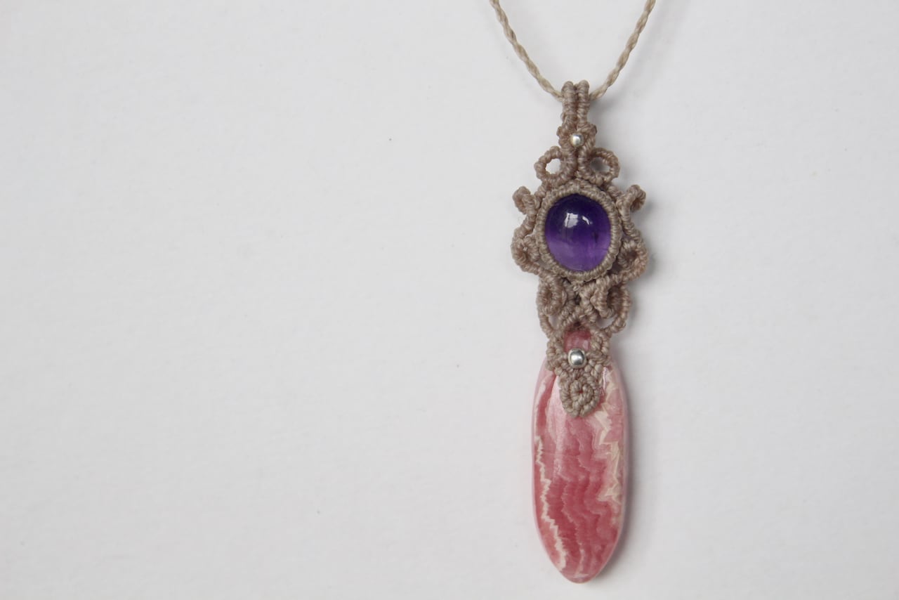 Rhodochrosite  & Amethyst micro macrame  pendant