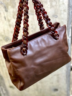 PRADA プラダ ロゴ レザー べっ甲 チェーン ショルダーバッグ ブラウン 