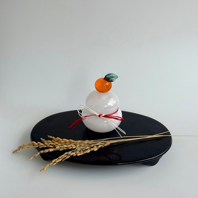 可児友紀 ガラスの鏡餅M × 干支M MMセット【黒台・稲穂付き】