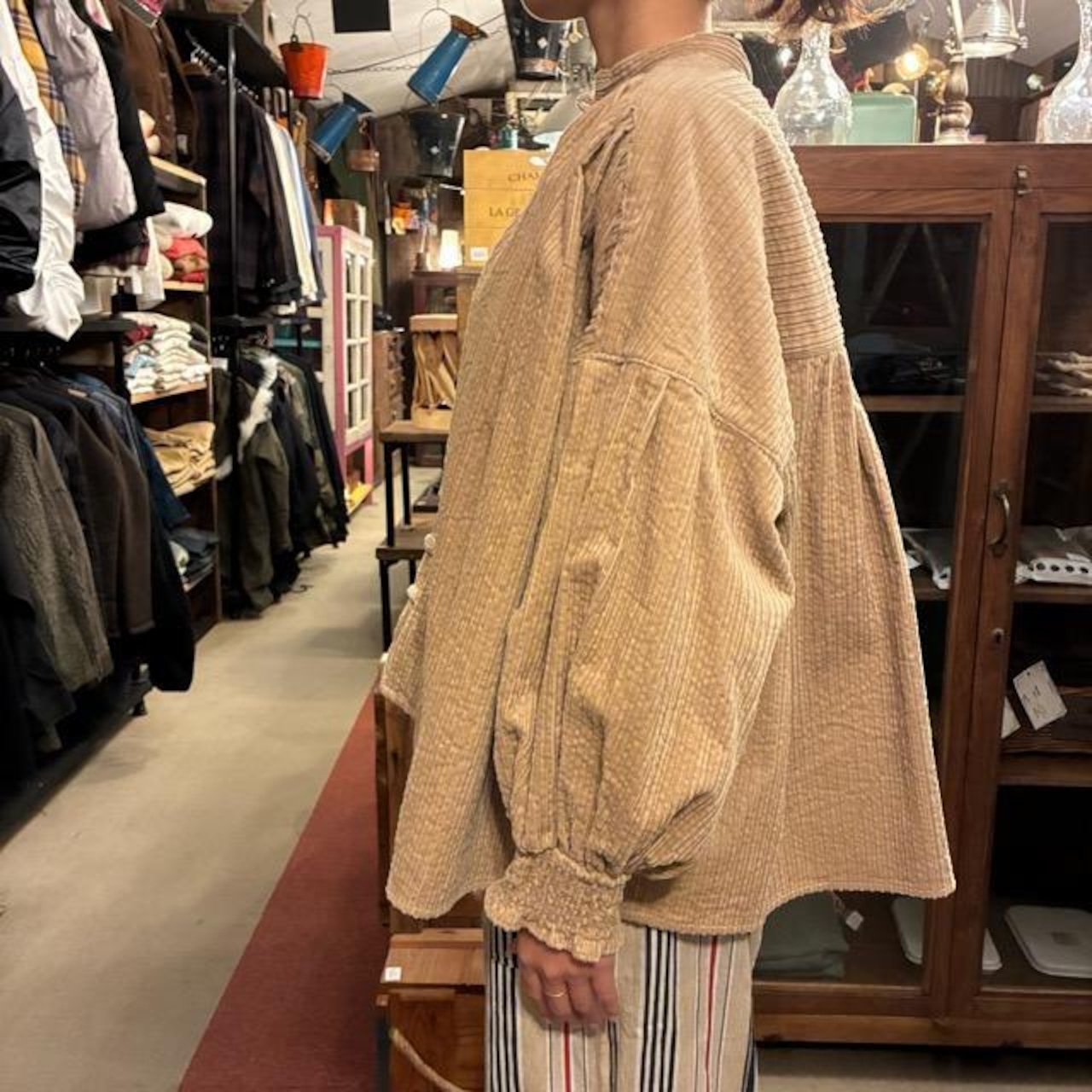 UNIVERSAL TISSU Parent-Child Corduroy Shirred Blouse, Beige/Brown, Long Sleeve Blouse, Balloon Sleeves, Oversized