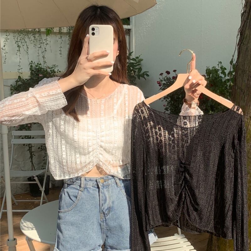 シフォンシャツ サマースタイルギャザールーズレーストップス ロング 夏物 YY-ファッション20031789157