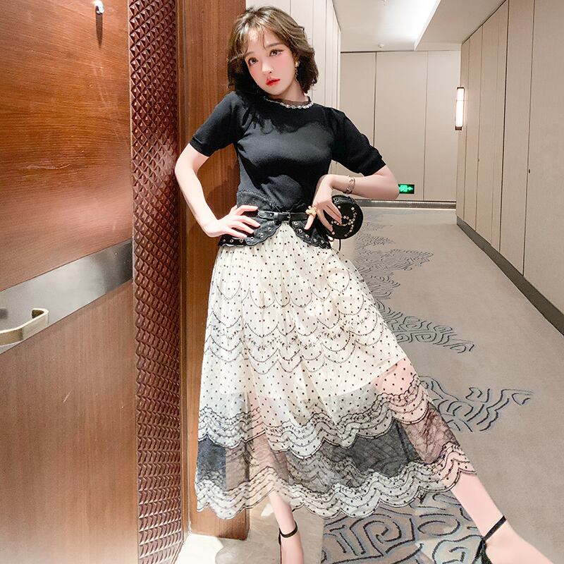 メッシュカラーニットTシャツ レース水玉スカート サマー 夏物 MIUCO96723159397