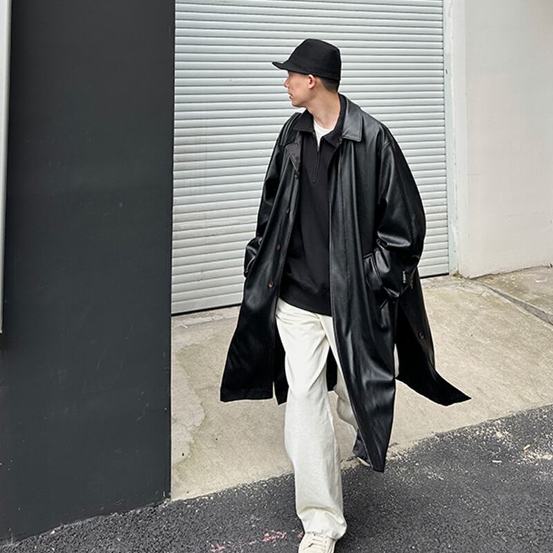 柔らかなブラックレザートレンチコート | mblueshop