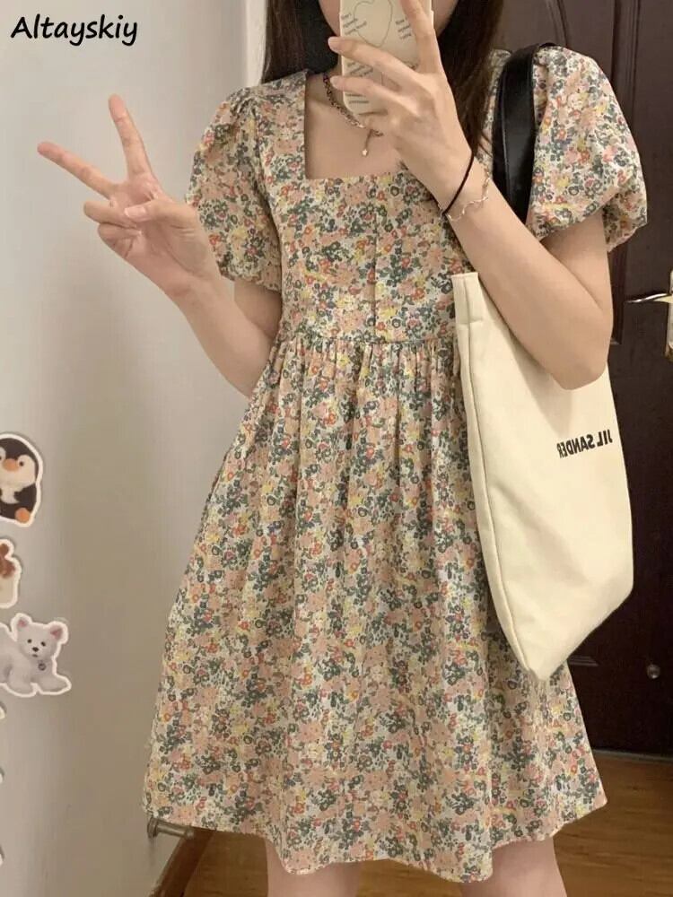 【新作】【送料無料】 ドレス女性花柄ヴィンテージスクエアカラー草原シックなファッションプレッピースタイルルーズ夏甘いイン気質オールマッチカジュアル 0369600751989