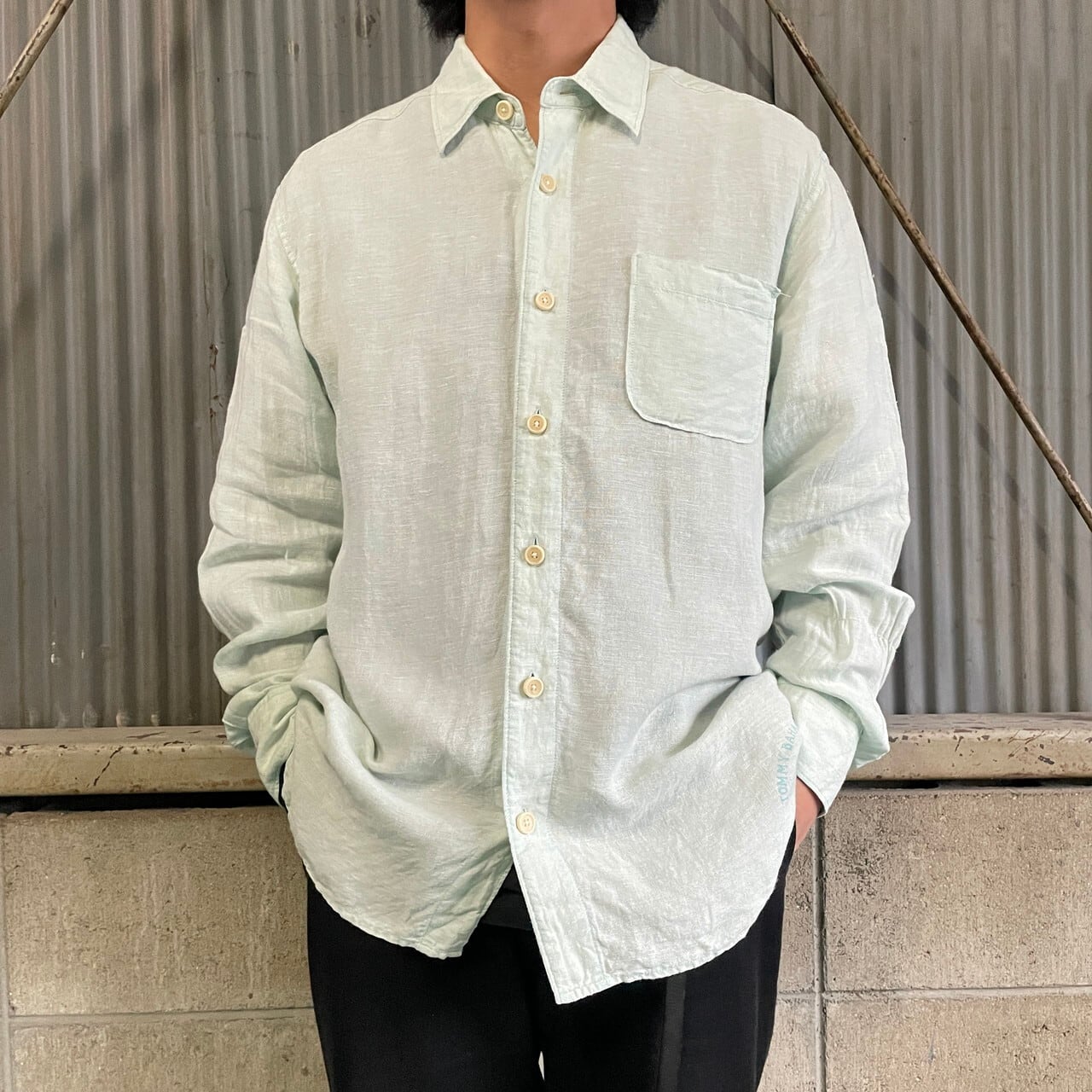 TOMMY BAHAMA 長袖 リネンシャツ 無地 メンズL 古着 ミントグリーン