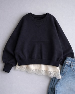 calm V gusset sweat like  knit pullover <black>