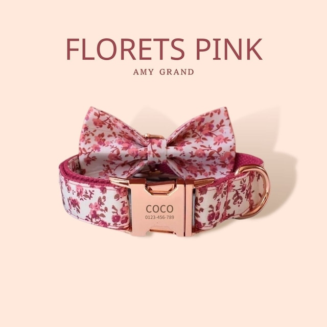 【小花×ピンク】迷子札付犬の首輪＆リボン