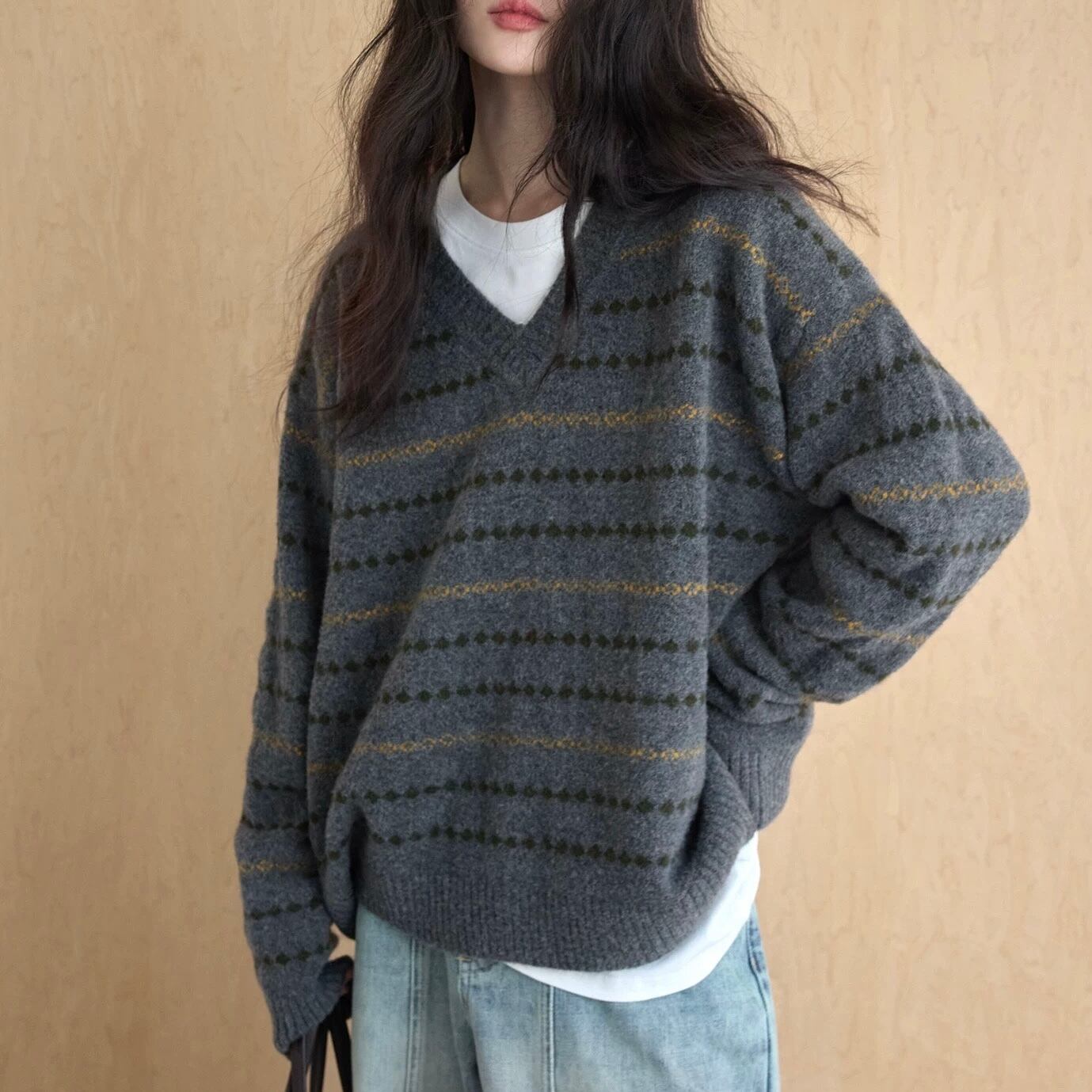 Vネック 長袖 チェック柄 ニット SA10091