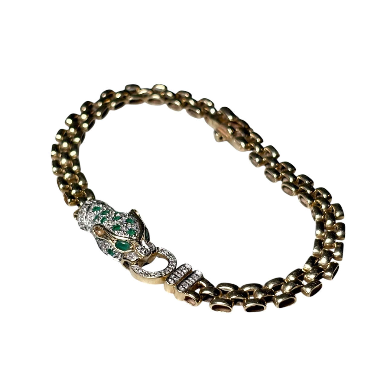 vintage 9ct gold panther head bracelet set with emerald & diamond