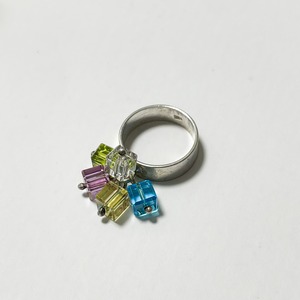 Old 925 Silver Multicolor Glass Cube Beads Ring