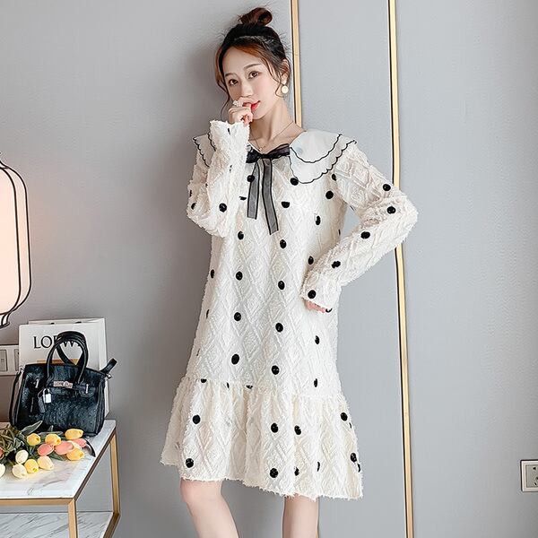 【新作】【送料無料】 マタニティウェア2020秋と冬の新しい小さな新鮮な水玉人形の襟フィッシュテールミドル丈ルーズマタニティドレス-アリババ オータム 秋物 ウィンター 冬物 expec225321332242
