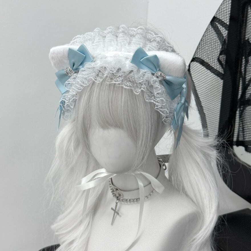 PHARFAITE パルフェット レースリミテーション ソーダ 猫耳カチューシャ ロリータファッション 猫耳レースカチューシャ リボン付き | ロリィタ