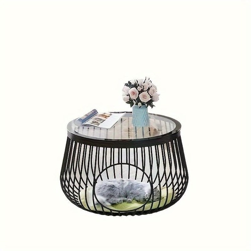 北欧シンプルティーテーブル ＜ブラック＞ サイドテーブル 55×38cmコーヒーテーブル ローテーブル クリエイティブ 丸型 ガラス コーヒーテーブル 北欧 リビングルーム コーヒーテーブル サイドテーブル 鳥かご型 錬鉄製 収納便利