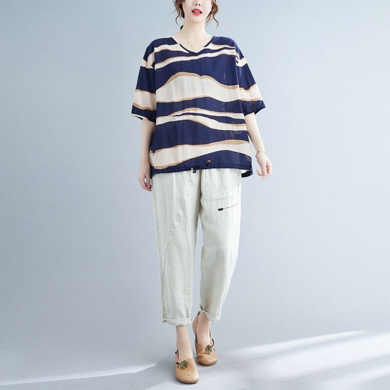 LOOSE PRINT V-NECK TIE PULLOVER T-SHIRT M-17993