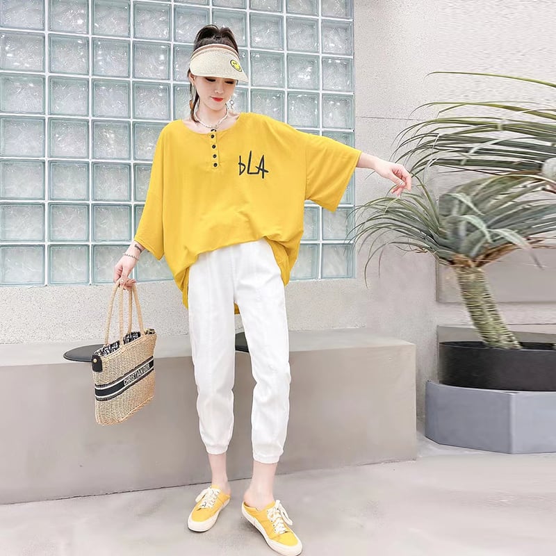 サマーラウンドネックプリントルーズTシャツ ストレッチウェストクロップドカジュアルパンツ エラスティック 伸縮 大きめサイズ 夏物 Oネック ミックスインファッション65073807755