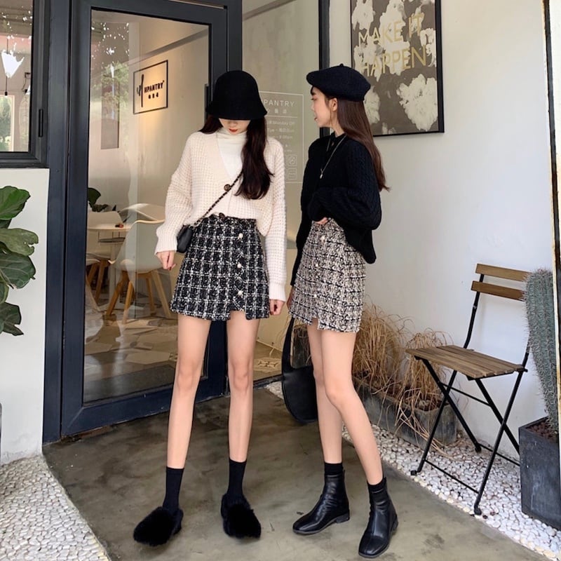 上品な 可愛らしさ ツイード チェック 台形 スカート スカパン ミニ丈 脚長 美脚 双子コーデ 大人っぽ 愛され コーデ Lamitte Deco トレンド 韓国ファッション ショップ Base店