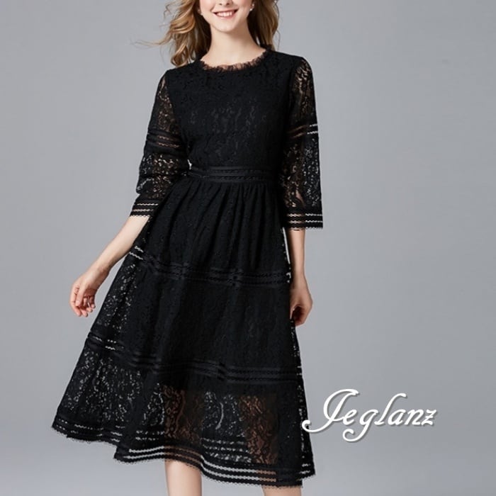 2色 総レース ワンピース ドレス 透け感 エターナル 7分袖 大きいサイズ(M8053)ζ