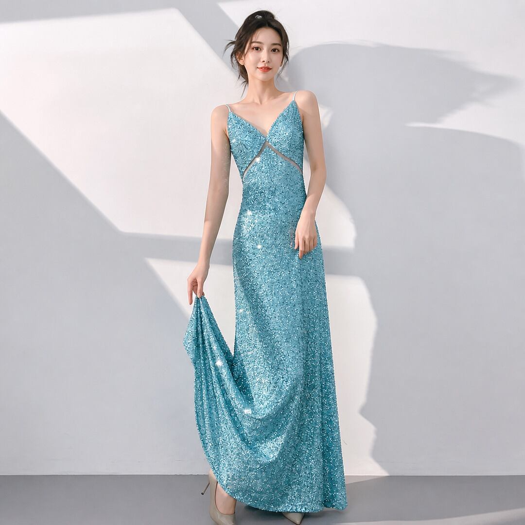 Sequin Embellished Strap Mermaid Dress V3499