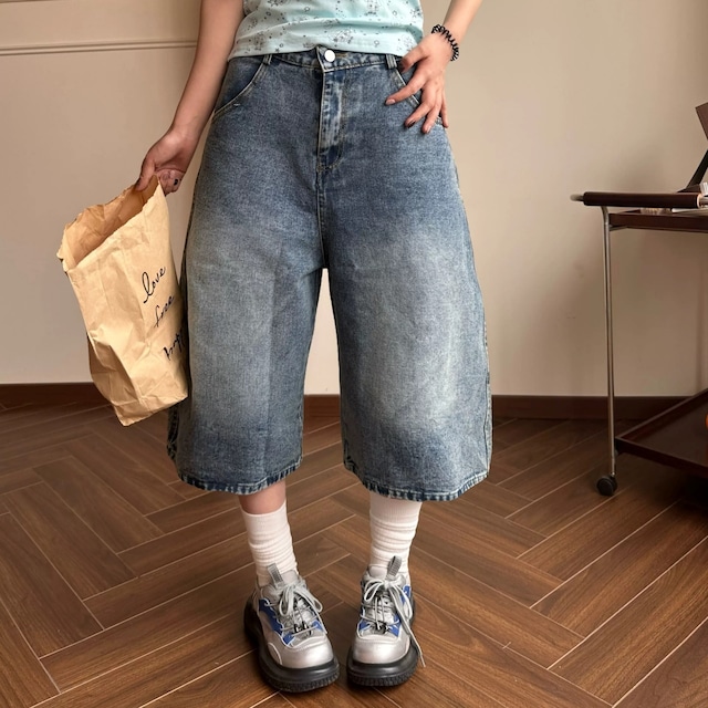 バックロゴスターモチーフデニムキュロットパンツ 1col R02526