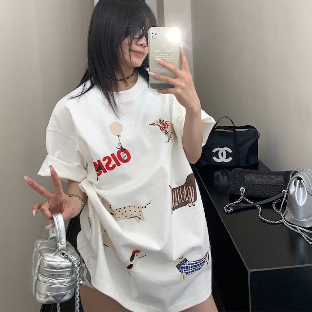 feichaiyoulaileカートゥーンのカワイイ犬プリント半袖Tシャツ