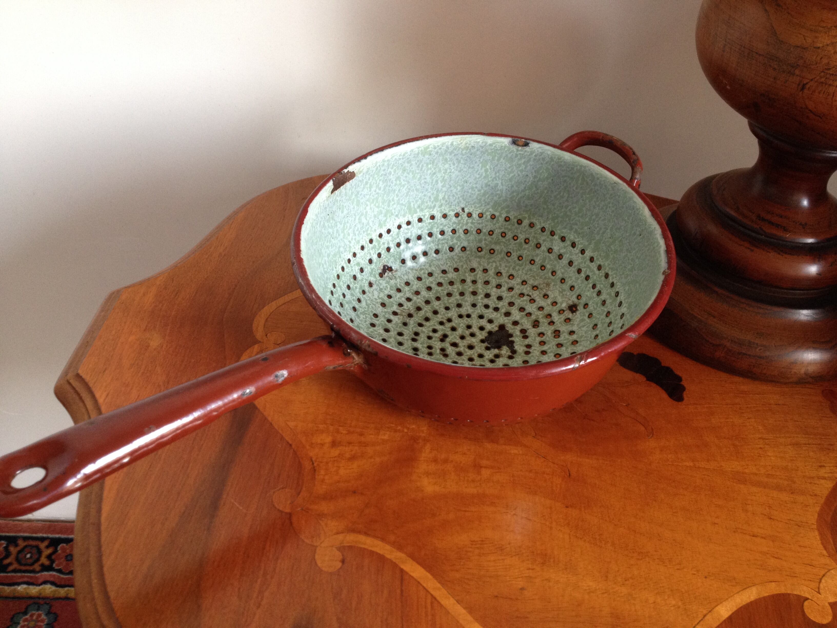 フランス BROCANTE ホーロー水切りコランダー 片手鍋 水色マーブル