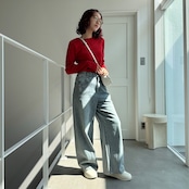 配色ラインリブknit/レッド