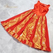 フラダンス 衣装 ワンピース ドレス PINTUCK レッド系 ベロア ノースリーブ 異素材 フリル プルメリア柄 ラウアエ柄 かわいい 華やか 鮮やか 明るい 赤 黄 白 ハワイアン アロハ ハワイアンプリント フラ ダンス レッスン 練習 イベント