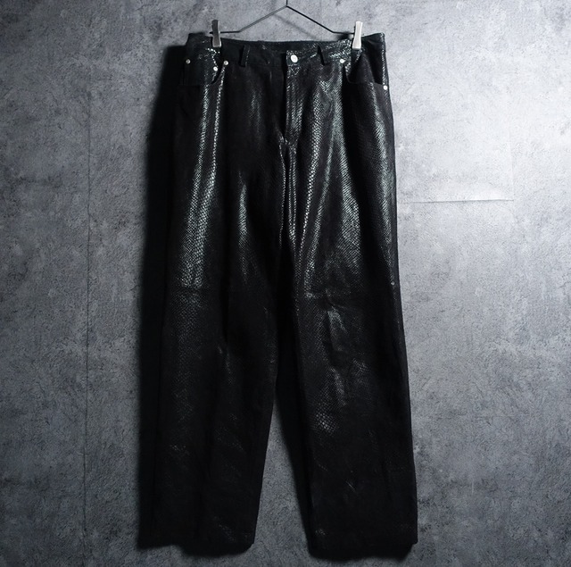 Black Crocodile Embossed Design Wide Baggy Leather Pants