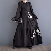 フラワー刺繍 Aライン ロングワンピース 00017