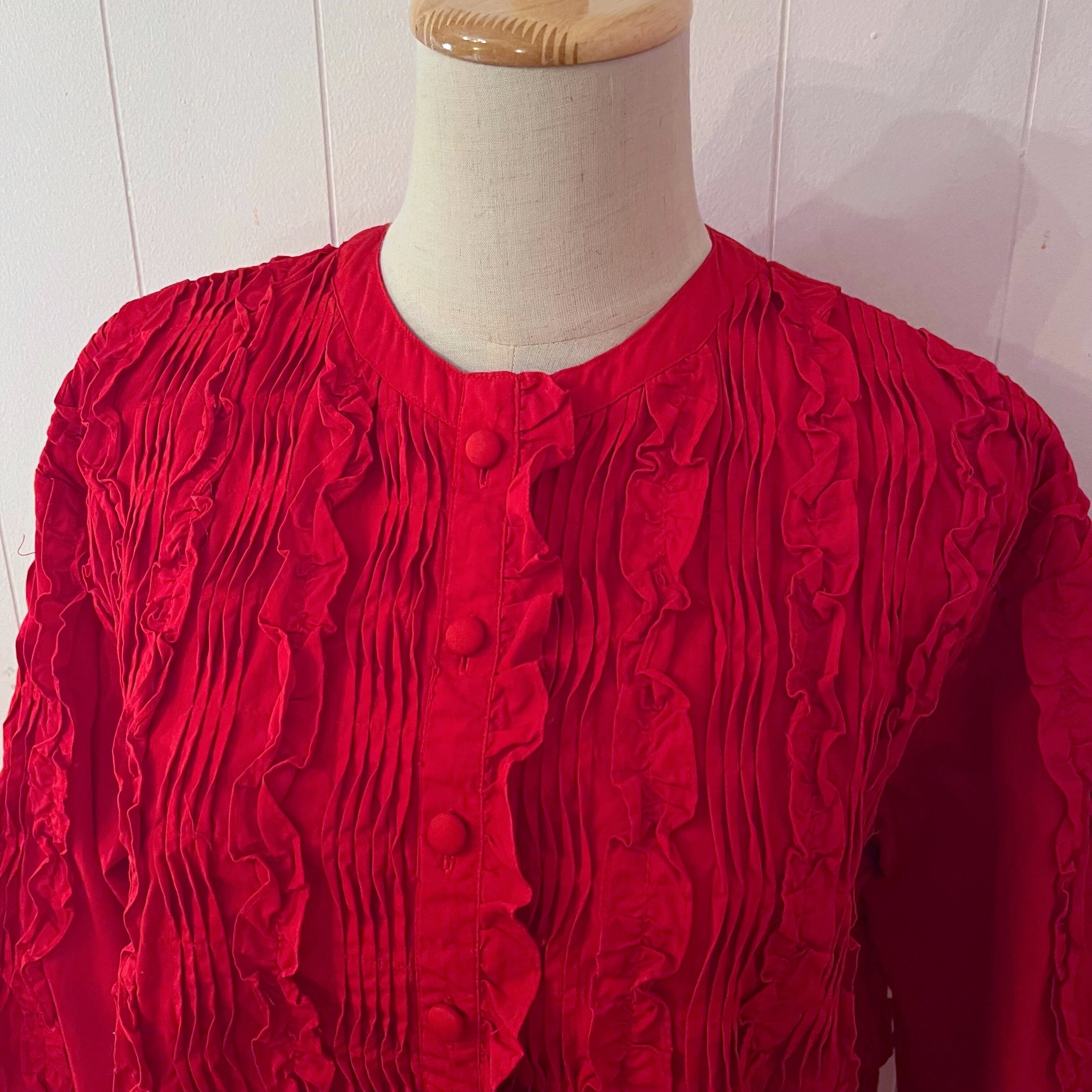 red frill pintuck cotton blouse