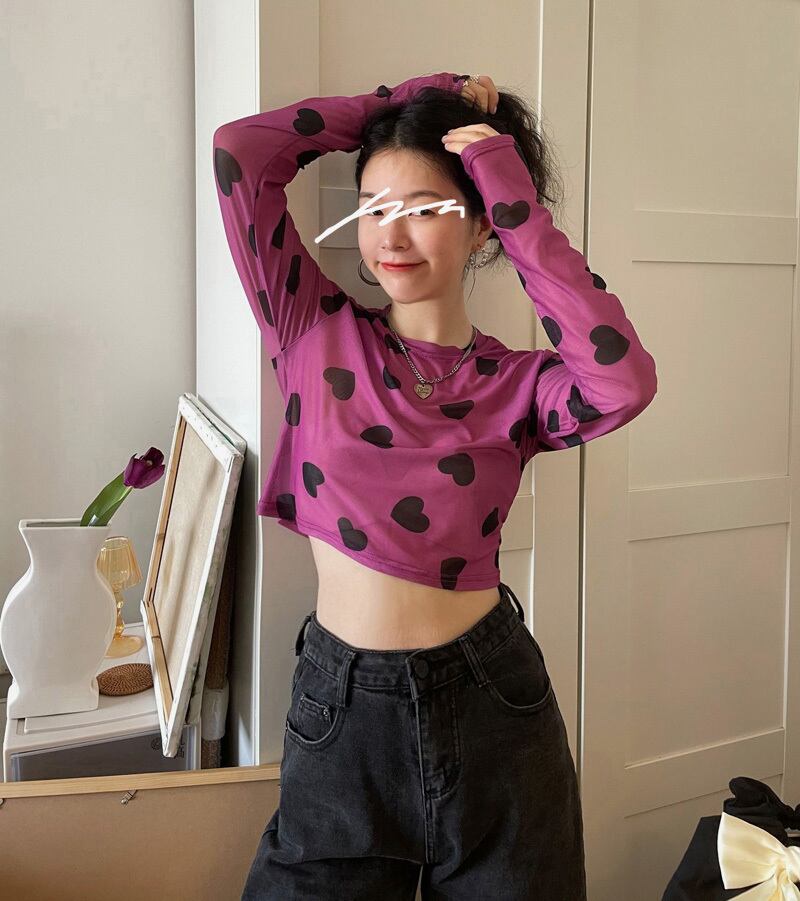 プリント柄Tシャツ サマー薄手ブラウス ショートクロップド長袖スリーブトップス ロング 夏物 ヨーロピアン ブラックストロベリース19789781613