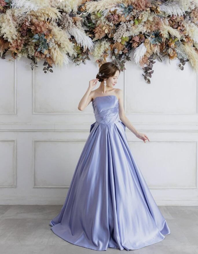 パーティードレス ベアトップ ふっくら柔らかなバックリボン パープル  