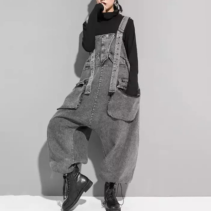 デニムオーバーオール グレー 】oversized denim overalls all-in-one