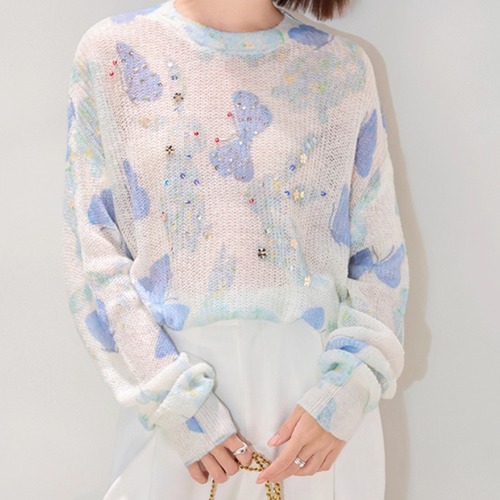 バタフライ＆スパンコール透かし編みニット ・8366