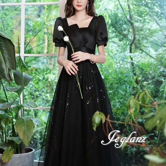 パーティ イブニングドレス 切替 チュール ブラックドレス 編み上げ 3パターン(M8981)ζ