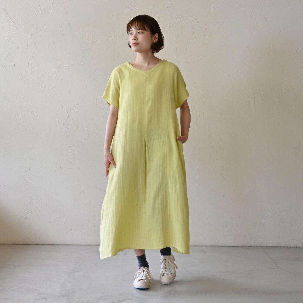 【シサム工房】ネックハンソデワンピース(ライム)
