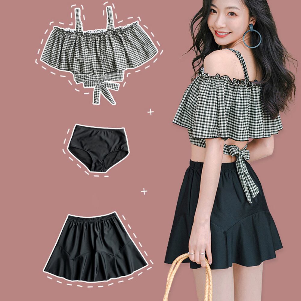 ビキニ 水着 3点セット レディース 夏 韓国 海水浴 プール レジャー おしゃれ 大人 かわいい ギンガムチェック タンキニ 露出控えめ 水着セット ハイウエスト 大人可愛い 大人女子