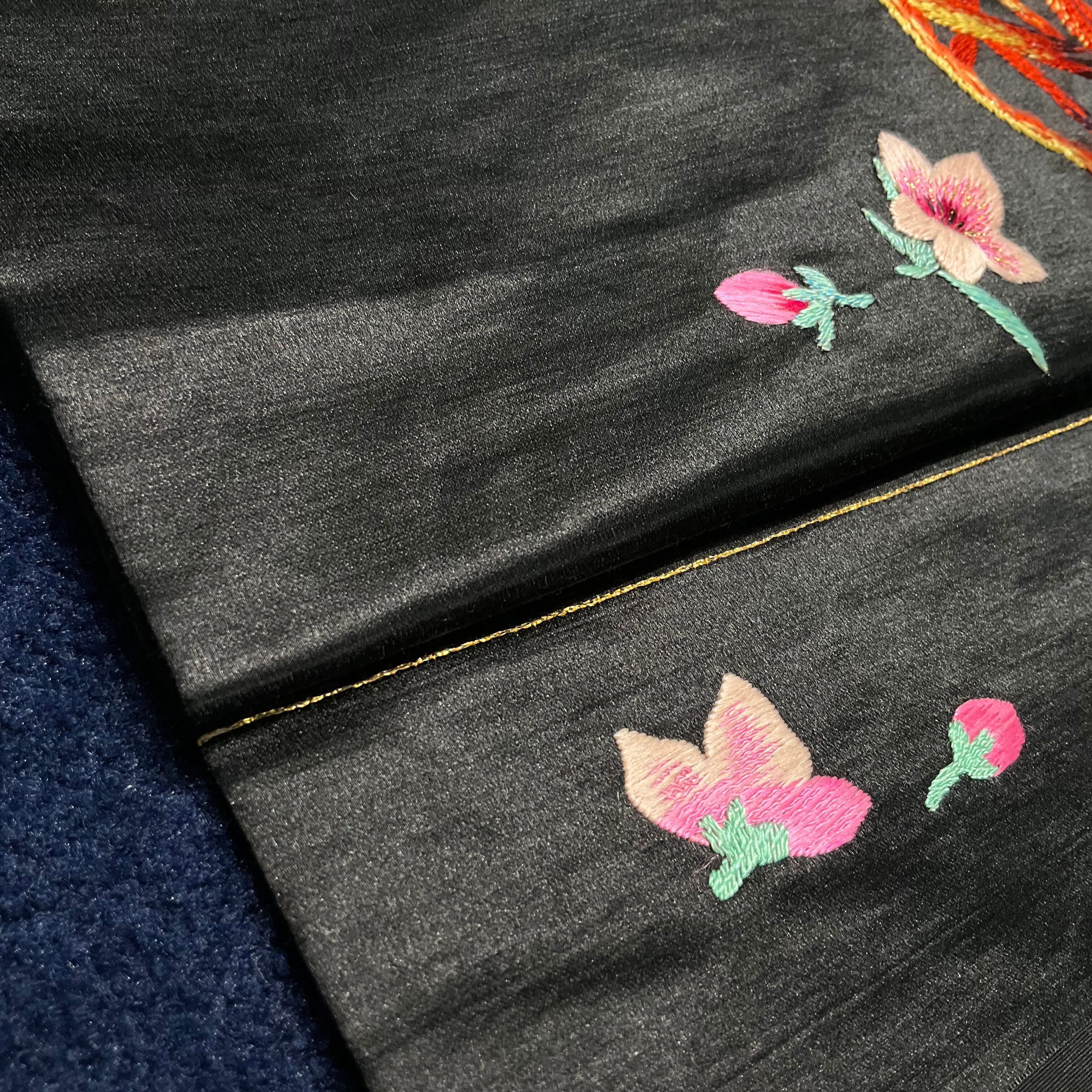 桃の花とさえずり＊小鳥 刺繍 黒繻子 アンティーク名古屋帯 B410