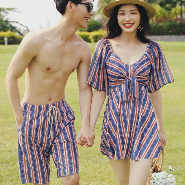 【予約販売】水着 カップル水着 2点セット ペアルック メンズ レディース ストライプ柄 総柄 ワンピース水着 海水パンツ 海パン ペア サウナ 温泉 プール ペア水着 恋人 おそろい お揃い M/L/XL/2XL/3XL