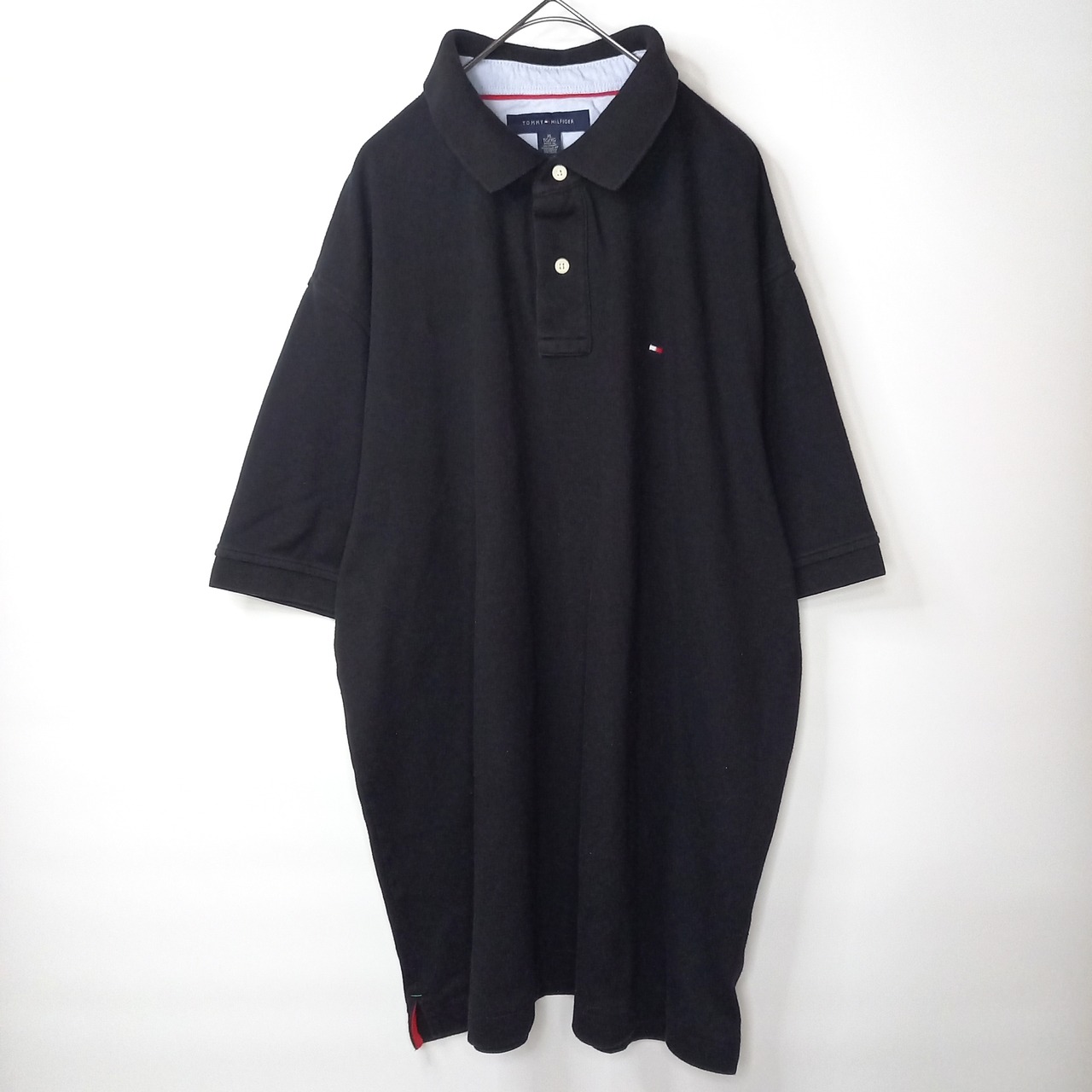 トミーヒルフィガー　ポロシャツ　半袖　オーバーサイズ　無地　刺繍ロゴ　黒