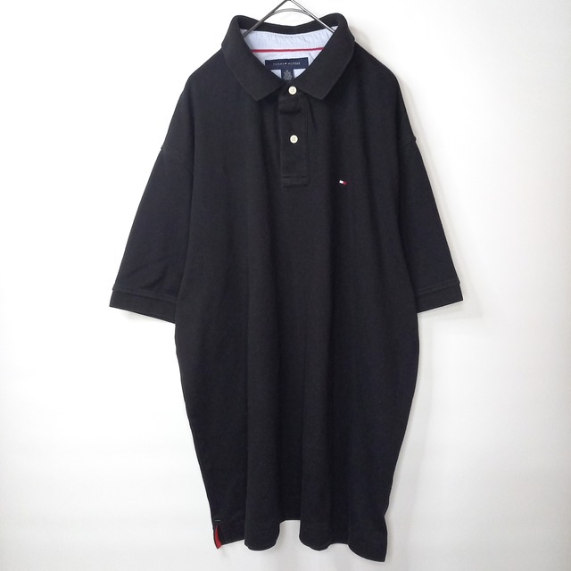 トミーヒルフィガー　ポロシャツ　半袖　オーバーサイズ　無地　刺繍ロゴ　黒