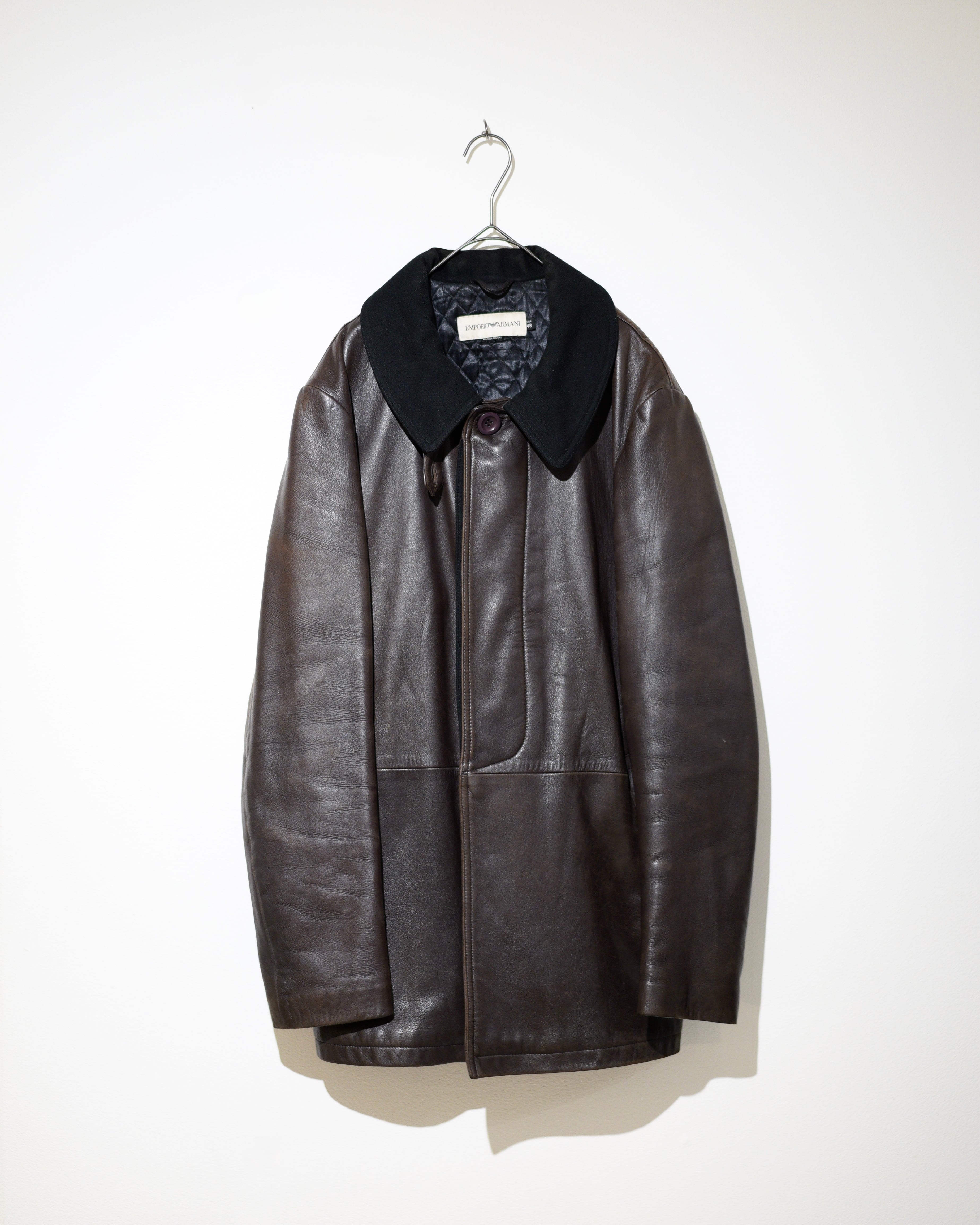 90s ARMANI JEANS】Leather Car Coat Black | used.memento